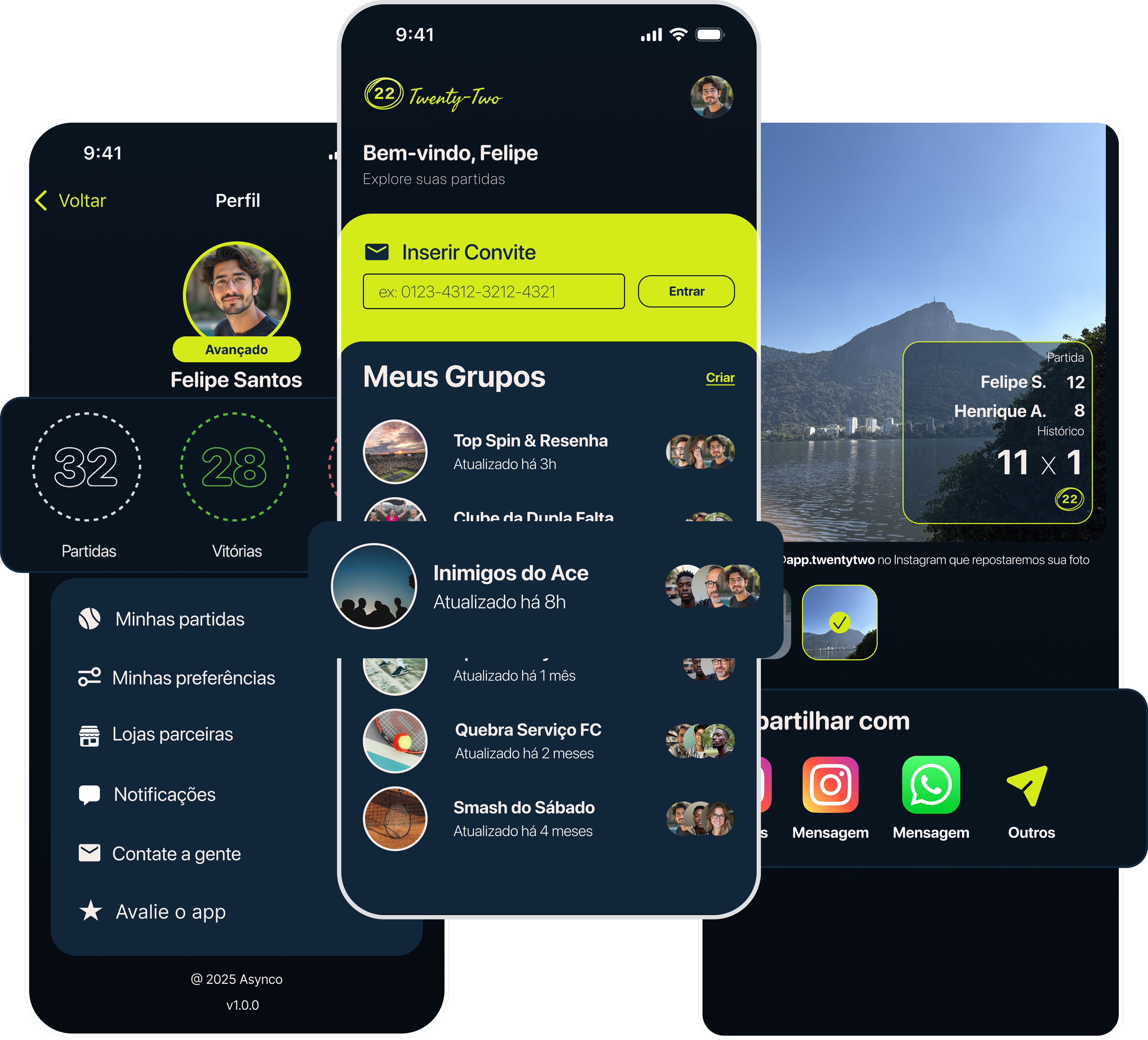 Capturas de tela do app Twenty Two mostrando grupos, perfil e partidas